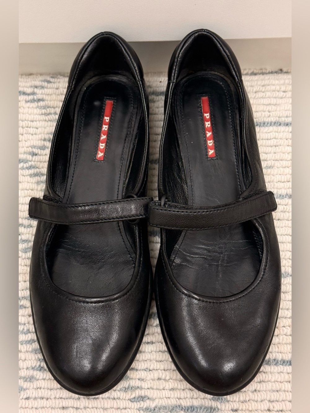 Archival PRADA SPORT Y2K Black Leather Mary Jane Flats Linea Rossa Red Stripe 37 - Picture 1 of 16